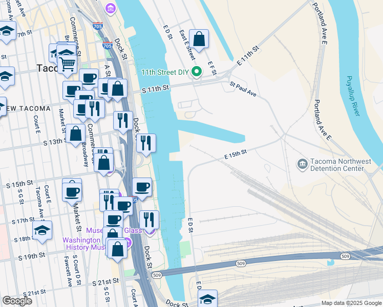 map of restaurants, bars, coffee shops, grocery stores, and more near 1510 East D Street in Tacoma