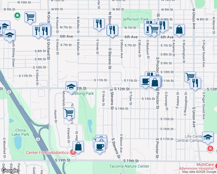 map of restaurants, bars, coffee shops, grocery stores, and more near 4401 South 12th Street in Tacoma