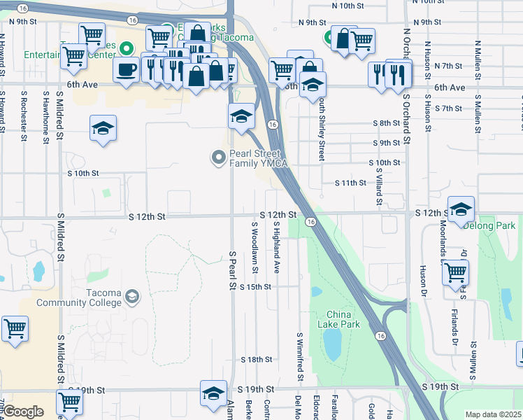 map of restaurants, bars, coffee shops, grocery stores, and more near 1121 South Woodlawn Street in Tacoma