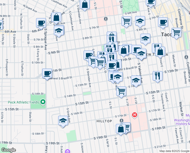 map of restaurants, bars, coffee shops, grocery stores, and more near 1217 South M Street in Tacoma