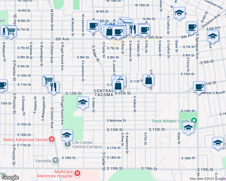 map of restaurants, bars, coffee shops, grocery stores, and more near 3002 South 12th Street in Tacoma