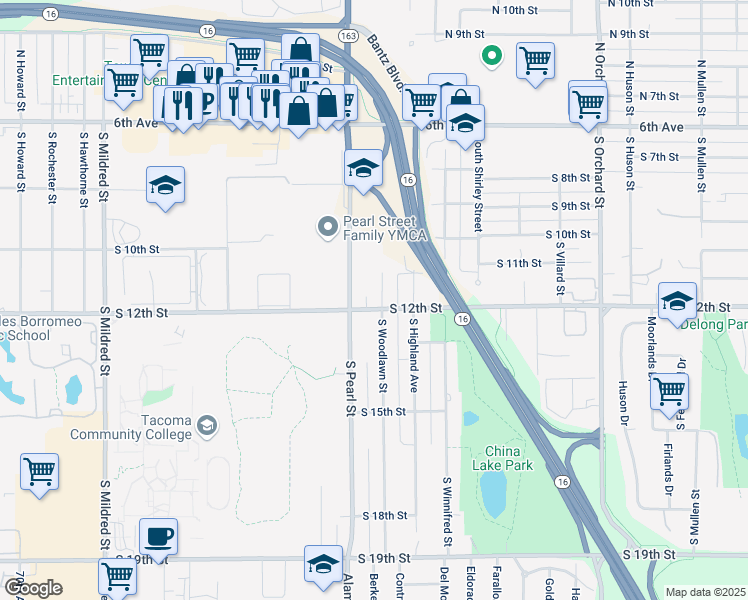 map of restaurants, bars, coffee shops, grocery stores, and more near 1211 South Pearl Street in Tacoma