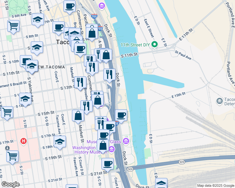 map of restaurants, bars, coffee shops, grocery stores, and more near Dock Street in Tacoma