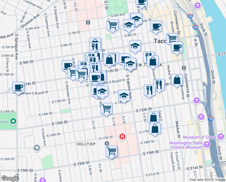map of restaurants, bars, coffee shops, grocery stores, and more near 911 South 13th Street in Tacoma