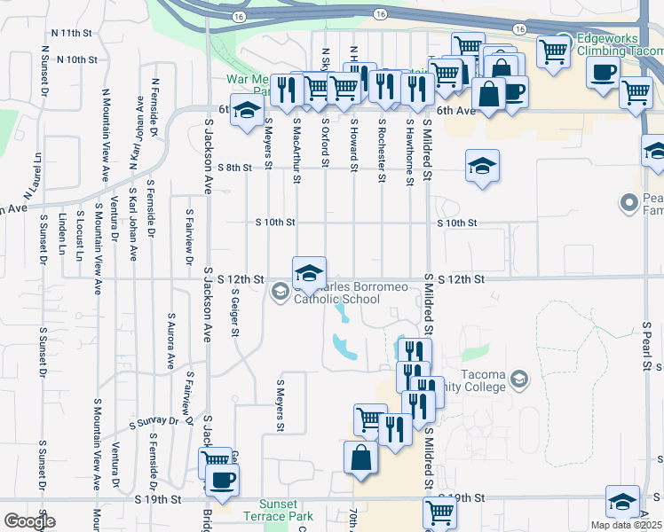 map of restaurants, bars, coffee shops, grocery stores, and more near 1039 South Oxford Street in Tacoma