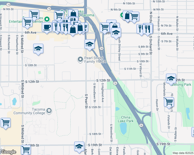 map of restaurants, bars, coffee shops, grocery stores, and more near 1117 South Woodlawn Street in Tacoma