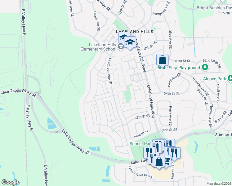 map of restaurants, bars, coffee shops, grocery stores, and more near 6476 Francis Loop Southeast in Auburn