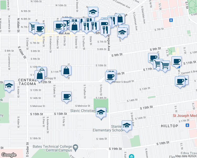 map of restaurants, bars, coffee shops, grocery stores, and more near 2102 South 12th Street in Tacoma