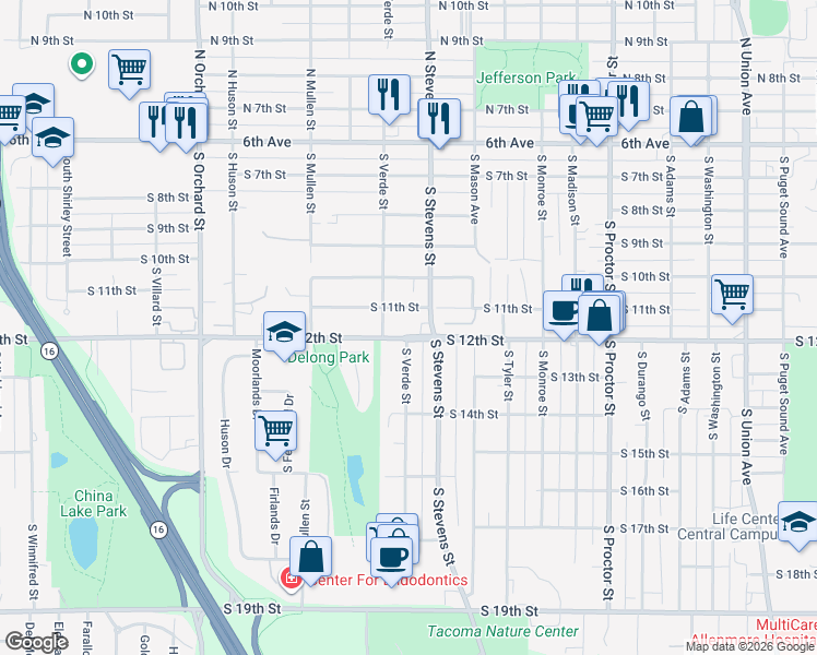map of restaurants, bars, coffee shops, grocery stores, and more near 1202 South Verde Street in Tacoma