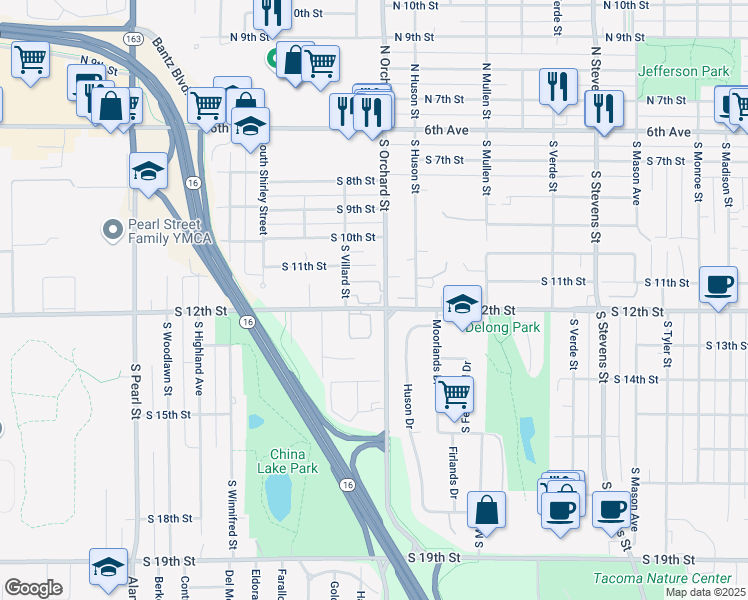 map of restaurants, bars, coffee shops, grocery stores, and more near in Tacoma