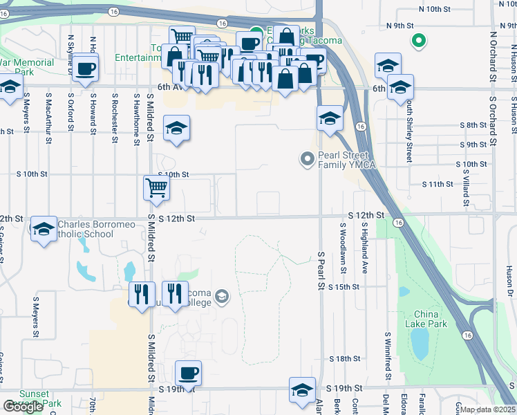 map of restaurants, bars, coffee shops, grocery stores, and more near 6129-6199 South 12th Street in Tacoma