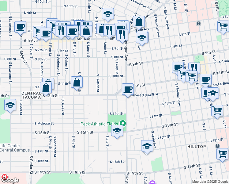 map of restaurants, bars, coffee shops, grocery stores, and more near 1040 South Ferry Street in Tacoma