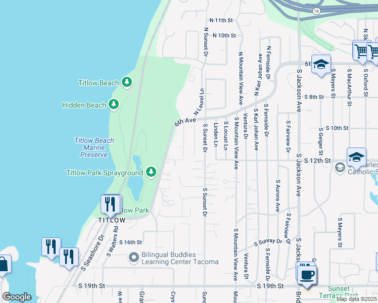 map of restaurants, bars, coffee shops, grocery stores, and more near 956 South Magnolia Lane in Tacoma