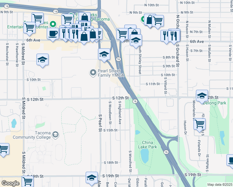 map of restaurants, bars, coffee shops, grocery stores, and more near 1122 South Highland Avenue in Tacoma
