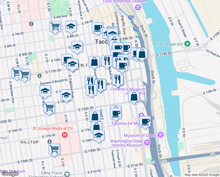 map of restaurants, bars, coffee shops, grocery stores, and more near 1319 Fawcett Avenue in Tacoma