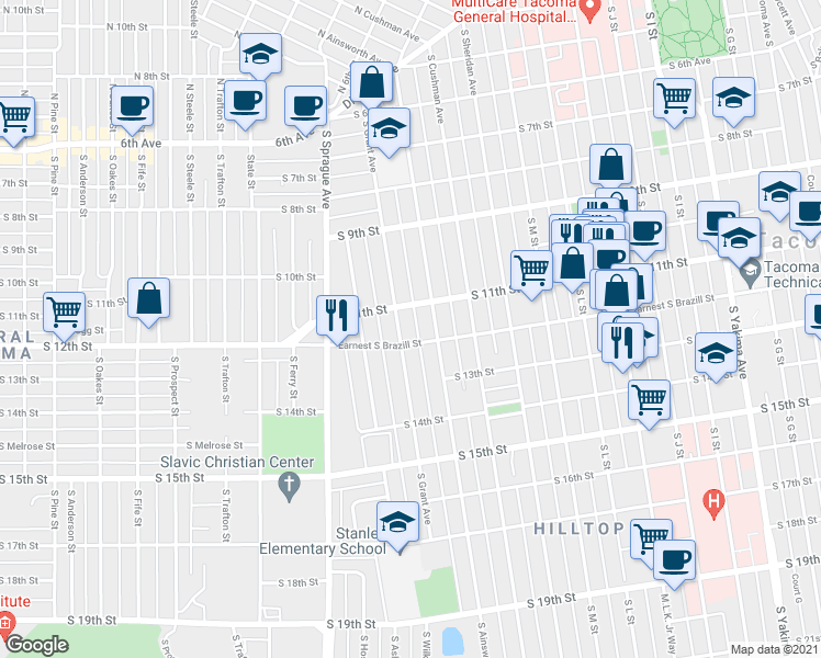 map of restaurants, bars, coffee shops, grocery stores, and more near in Tacoma