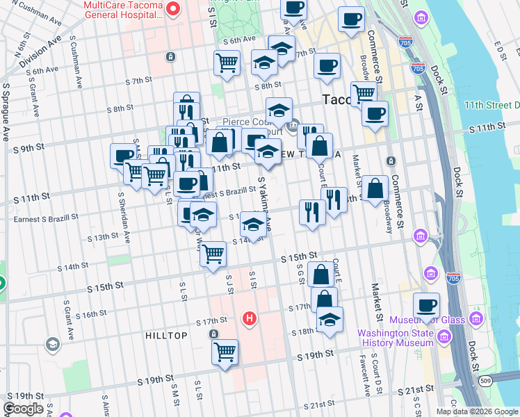 map of restaurants, bars, coffee shops, grocery stores, and more near 1305 South I Street in Tacoma