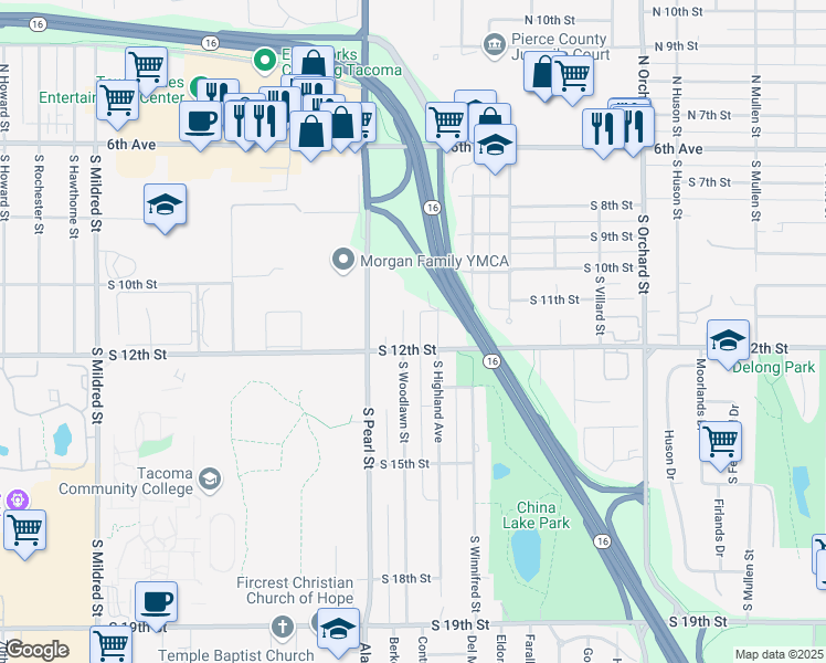 map of restaurants, bars, coffee shops, grocery stores, and more near 1113 South Woodlawn Street in Tacoma