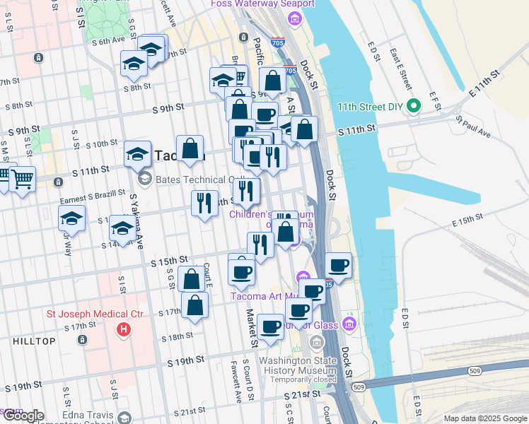 map of restaurants, bars, coffee shops, grocery stores, and more near 1313 Broadway in Tacoma