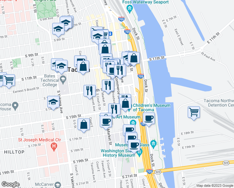 map of restaurants, bars, coffee shops, grocery stores, and more near 1313 Broadway in Tacoma