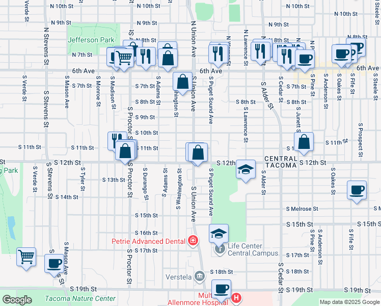 map of restaurants, bars, coffee shops, grocery stores, and more near 1201 South 13th Street in Tacoma