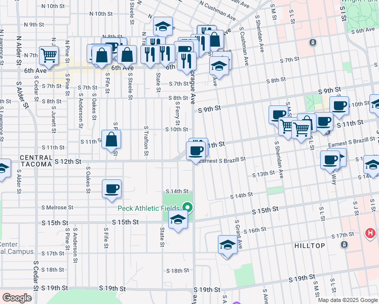 map of restaurants, bars, coffee shops, grocery stores, and more near 1200-1244 South Sprague Avenue in Tacoma
