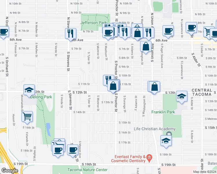 map of restaurants, bars, coffee shops, grocery stores, and more near 1201 South Madison Street in Tacoma