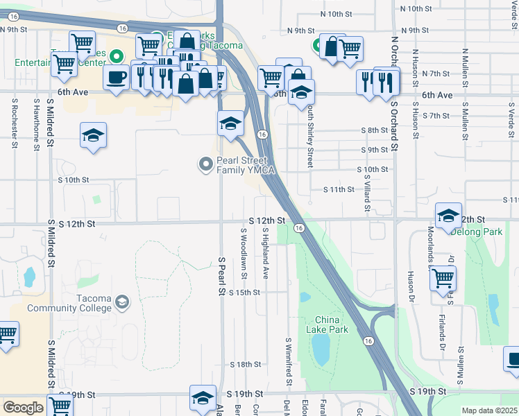 map of restaurants, bars, coffee shops, grocery stores, and more near 5718 South 12th Street in Tacoma