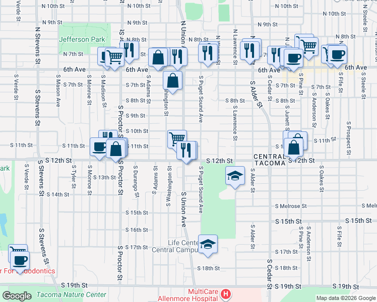 map of restaurants, bars, coffee shops, grocery stores, and more near 3502 South 12th Street in Tacoma