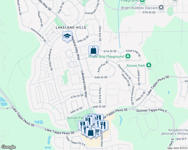 map of restaurants, bars, coffee shops, grocery stores, and more near 1507 64th Street Southeast in Auburn