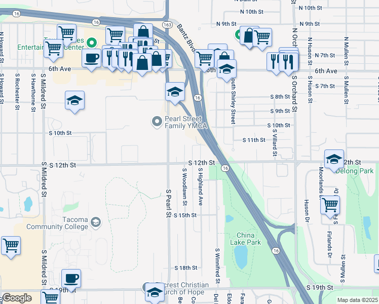 map of restaurants, bars, coffee shops, grocery stores, and more near 1109 South Woodlawn Street in Tacoma