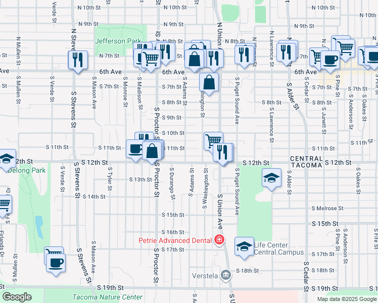 map of restaurants, bars, coffee shops, grocery stores, and more near in Tacoma