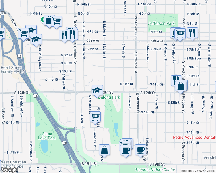 map of restaurants, bars, coffee shops, grocery stores, and more near in Tacoma
