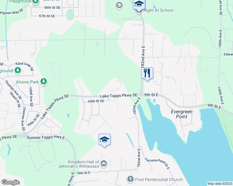 map of restaurants, bars, coffee shops, grocery stores, and more near 6502 Grady Court Southeast in Auburn