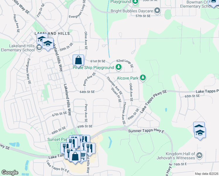 map of restaurants, bars, coffee shops, grocery stores, and more near 6325 Stuart Place Southeast in Auburn