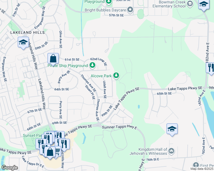 map of restaurants, bars, coffee shops, grocery stores, and more near 6330 Udall Avenue Southeast in Auburn