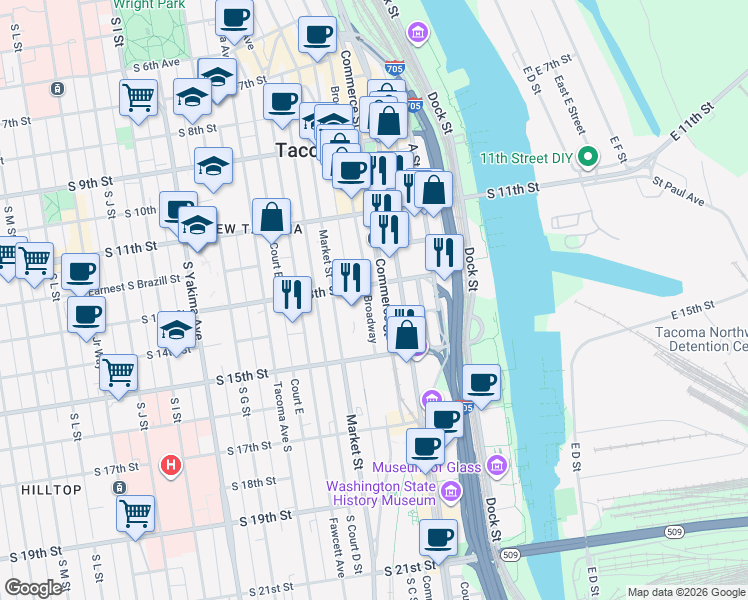 map of restaurants, bars, coffee shops, grocery stores, and more near 1148 Commerce Street in Tacoma