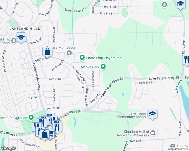 map of restaurants, bars, coffee shops, grocery stores, and more near 6330 Udall Avenue Southeast in Auburn