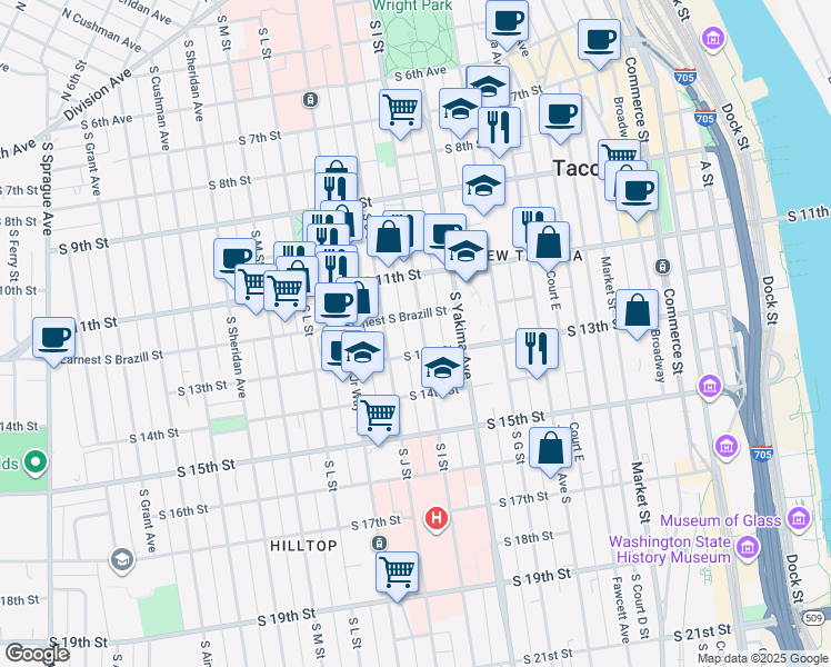 map of restaurants, bars, coffee shops, grocery stores, and more near 911 Earnest S Brazill Street in Tacoma