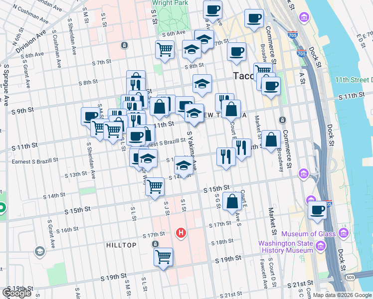 map of restaurants, bars, coffee shops, grocery stores, and more near 1121 South I Street in Tacoma