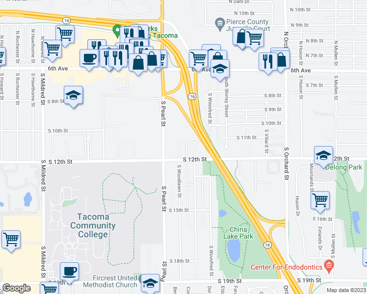 map of restaurants, bars, coffee shops, grocery stores, and more near 1007 South Woodlawn Street in Tacoma