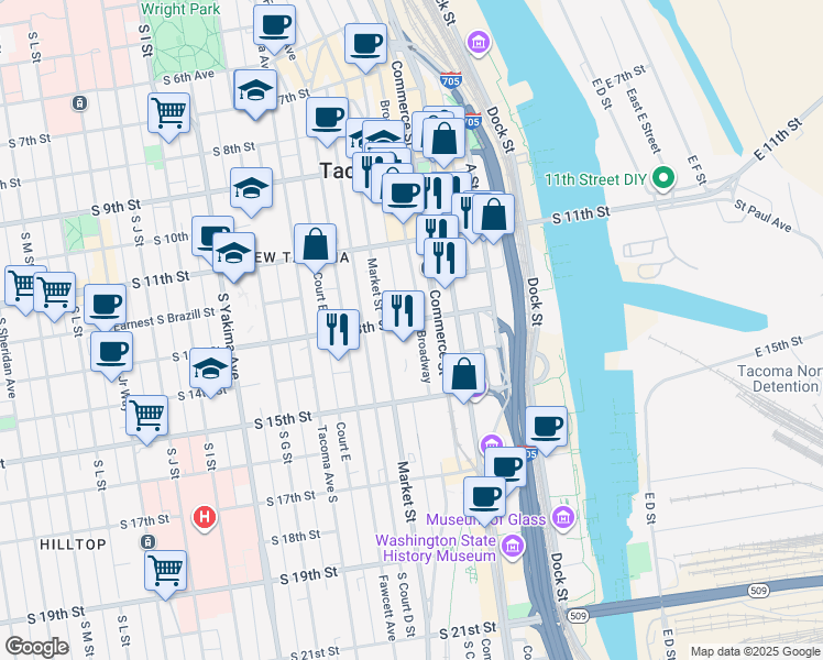 map of restaurants, bars, coffee shops, grocery stores, and more near 1149 Market Street in Tacoma