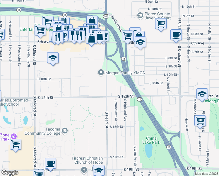 map of restaurants, bars, coffee shops, grocery stores, and more near 1005 South Pearl Street in Tacoma