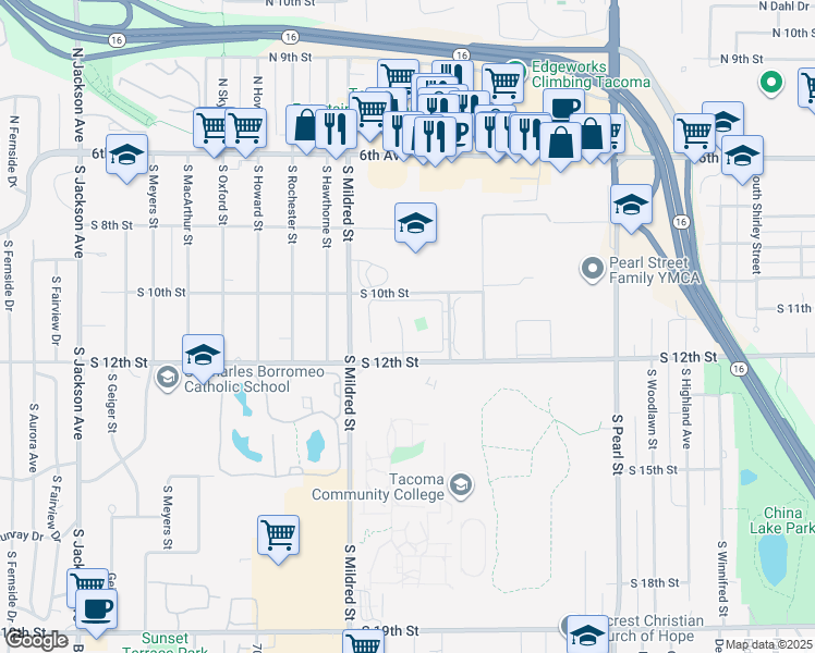 map of restaurants, bars, coffee shops, grocery stores, and more near 6412 South 10th Street in Tacoma