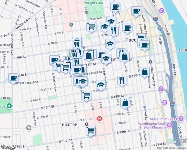 map of restaurants, bars, coffee shops, grocery stores, and more near 911 Earnest S Brazill Street in Tacoma