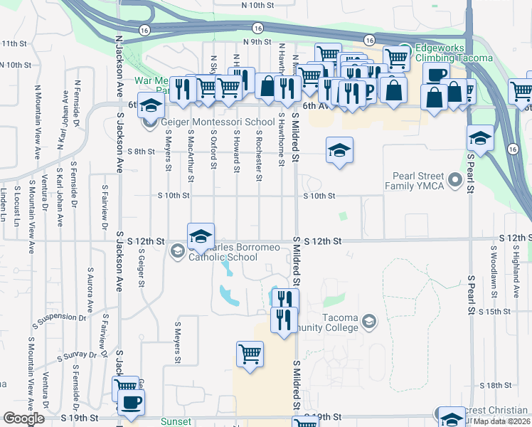map of restaurants, bars, coffee shops, grocery stores, and more near 1008 South Hawthorne Street in Tacoma