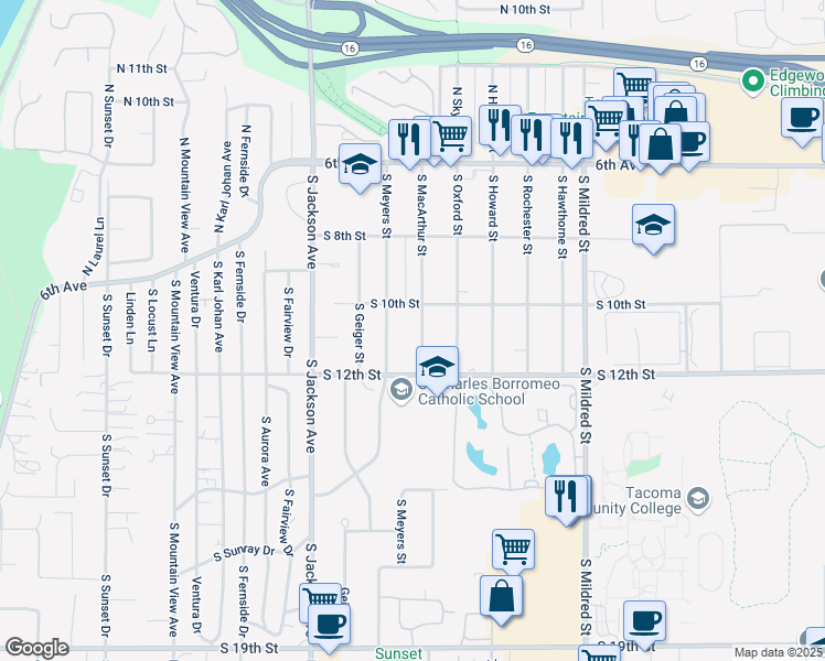 map of restaurants, bars, coffee shops, grocery stores, and more near 1001 South Meyers Street in Tacoma