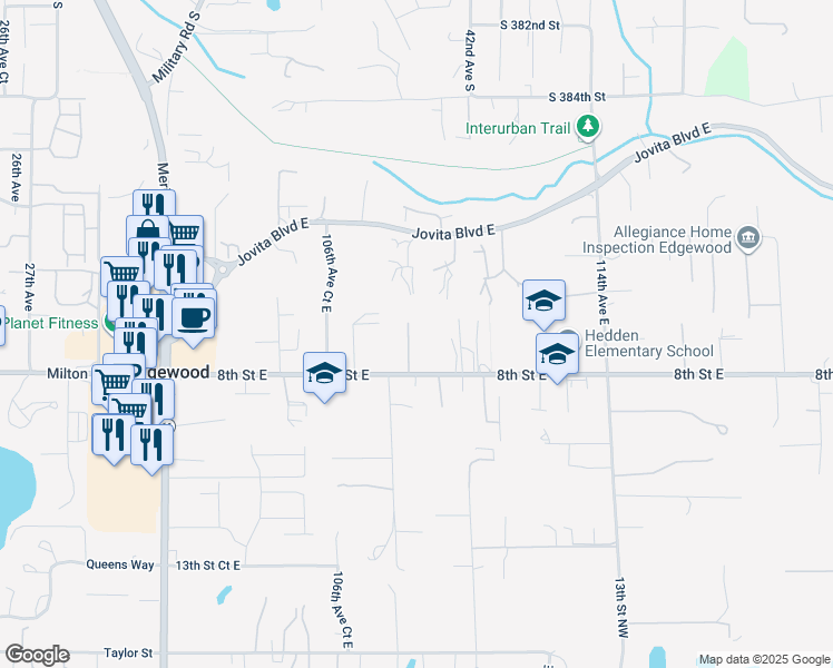 map of restaurants, bars, coffee shops, grocery stores, and more near 605 108th Avenue Court East in Edgewood