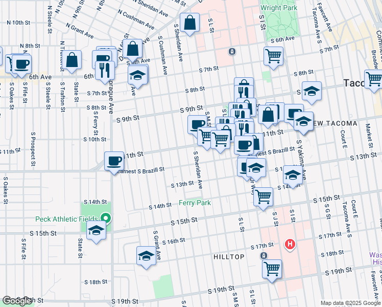 map of restaurants, bars, coffee shops, grocery stores, and more near 1415 South 11th Street in Tacoma