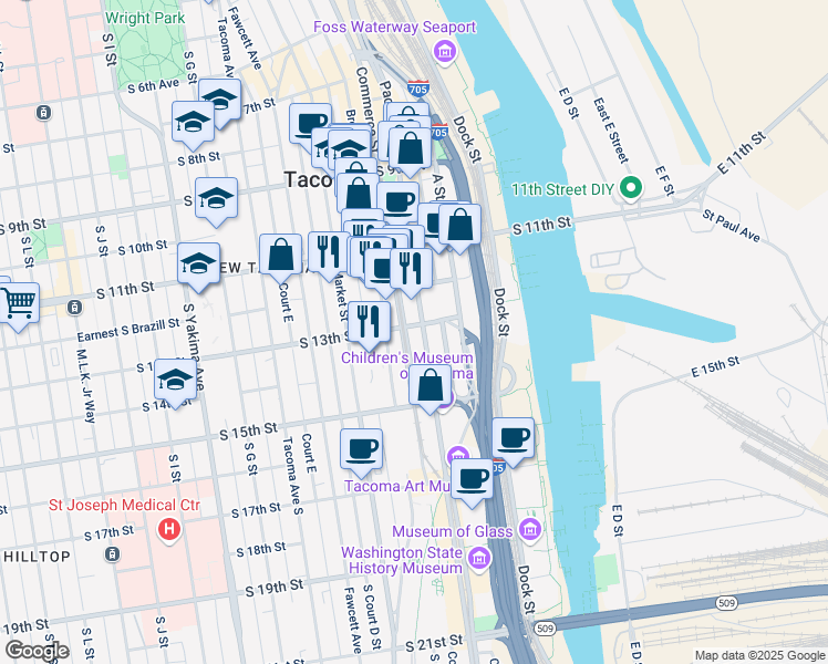 map of restaurants, bars, coffee shops, grocery stores, and more near 1302 Pacific Avenue in Tacoma